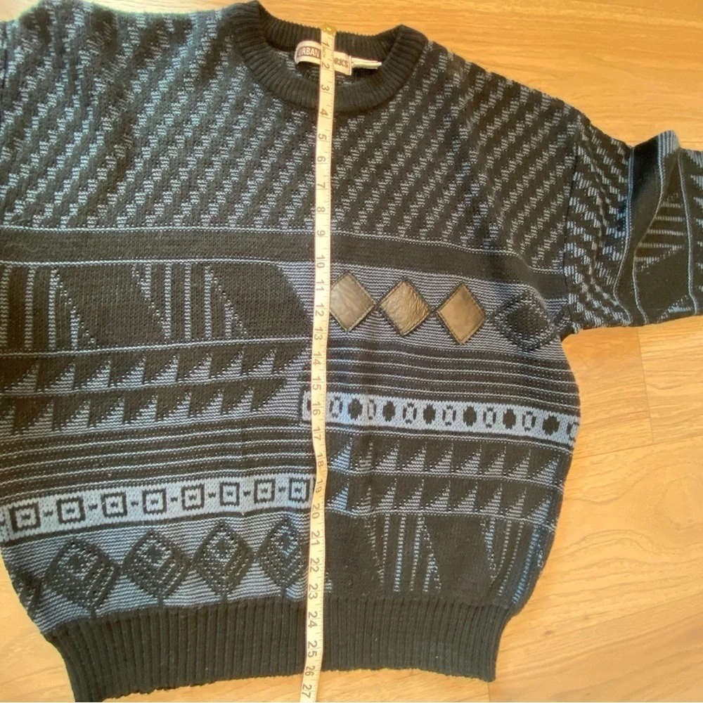 Vintage 90s Urban Works Dad Grandpa Sweater Leather Trim Patch Crewneck Pullover
